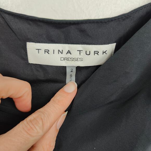 Trina Turk One Shoulder Dress Womens 2 100% Silk Black Beaded Mini Cocktail - Picture 5 of 8